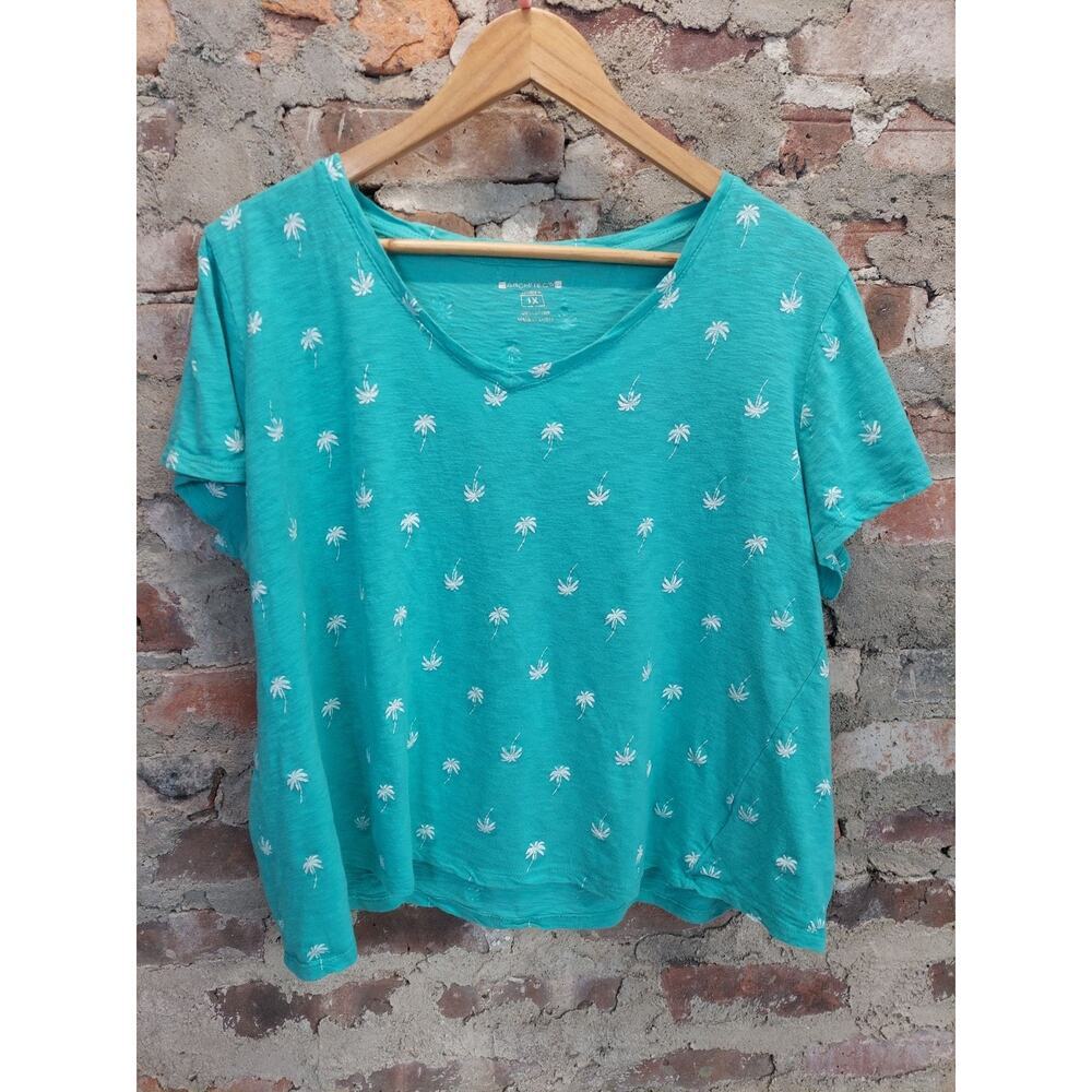 Architect Womens V-Neck T-Shirt Size 1X Teal Palm Tree Print Short Sleeve Cotton
